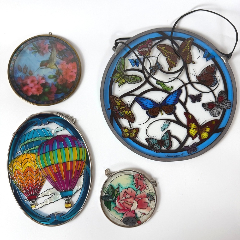 Vintage‎ Glass Masters, Stain Glass Butterfly Hot Air Balloon Suncatcher Flower
